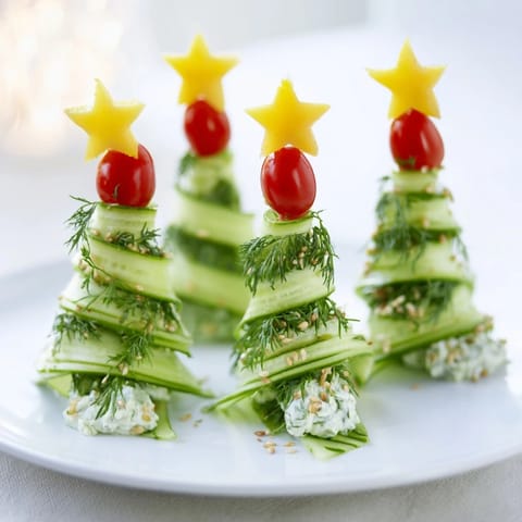 Spiral Cucumber Ribbon Christmas Trees arranged on a platter, ready to serve as a festive holiday appetizer.