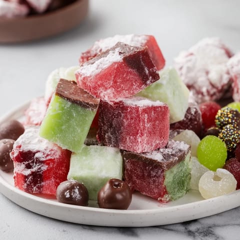 A beautiful Jingle Bell Rock Candy Display, vibrant holiday colors glistening on a dessert platter.