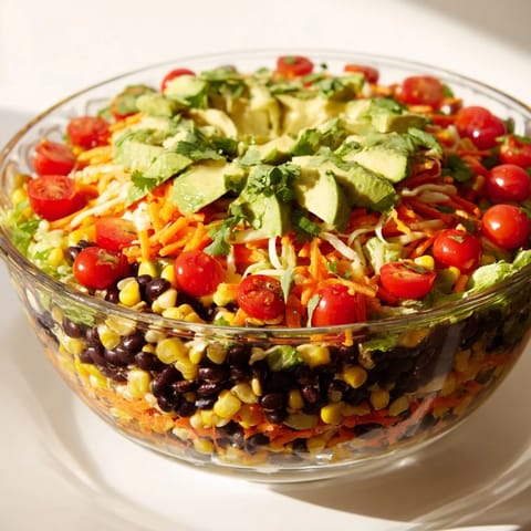 This Southwest Sunset Palette salad displays bright orange and yellow peppers layered with black beans.