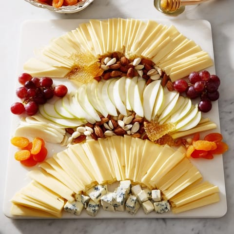 A visually stunning Art Deco Arch Cheese Platter, showcasing creamy brie, crisp crackers, and sweet honey.