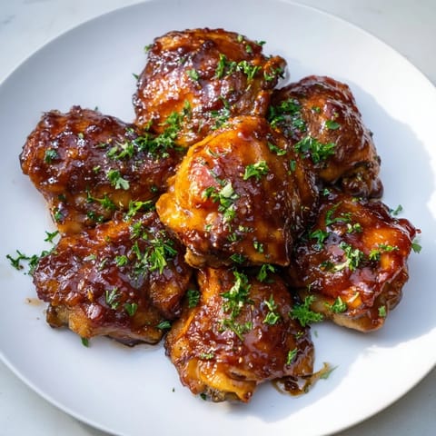 Close-up of perfectly glazed Jam in Coffee Style Glazed Chicken served with fresh parsley garnish.