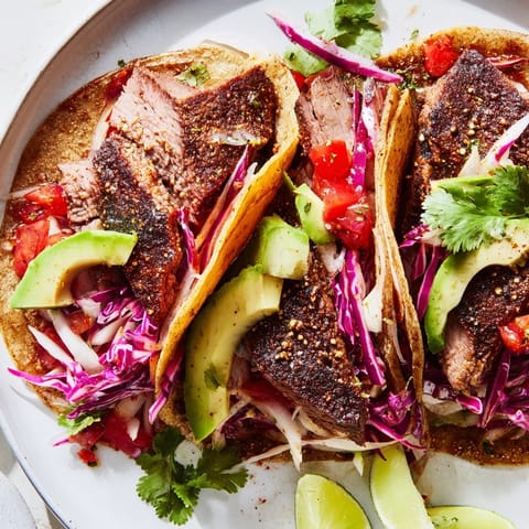 A close-up shows perfectly grilled Coffee-Rubbed Steak Tacos, showcasing the coffee-rubbed crust on the meat.