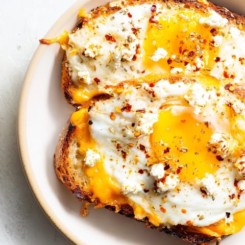 This feta fried eggs grilled cheese features a perfectly cooked egg with a melted cheese center.