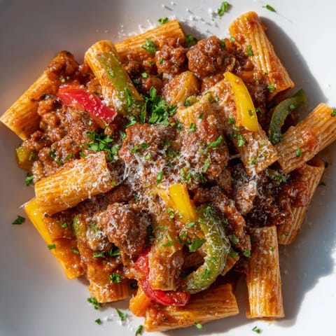 This Sausage and Peppers Pasta shows tender sausage mingled with bell peppers and penne in rich sauce.