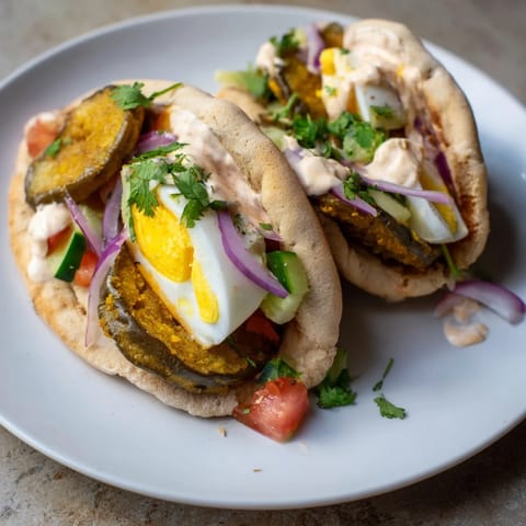 Golden-brown eggplant, veggies, and egg are piled high in a warm pita for this Israeli Sabich.