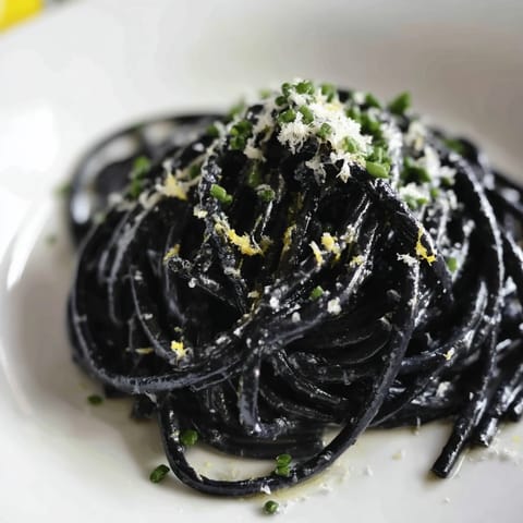 Luxurious squid ink pasta glistens in a rich cream sauce, topped with Parmesan and fresh herbs for a dinner party.  