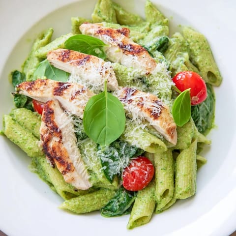 Golden grilled chicken slices rest on Pesto Chicken Pasta, with glistening basil pesto sauce and fresh cherry tomatoes in a rustic bowl.