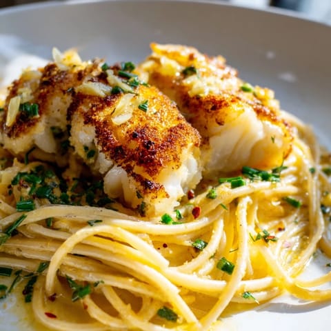 This Crispy Fish Pasta shows the fish lightly battered and pan-fried, tossed with al dente pasta and herbs.