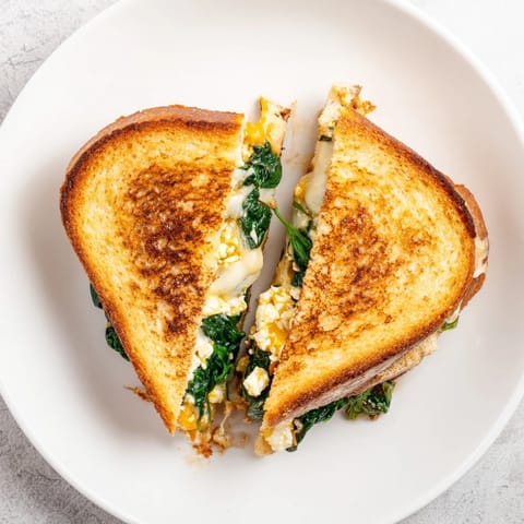 Hearty Feta & Spinach Stuffed Grilled Cheese served hot beside a steaming bowl of tomato soup, perfect for a cozy American lunch.  