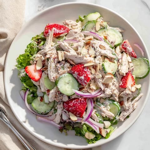 A creamy, tangy poppy seed dressing coats tender chicken and juicy strawberries, making this Strawberry Poppy Seed Chicken Salad a refreshing and protein-packed main course.