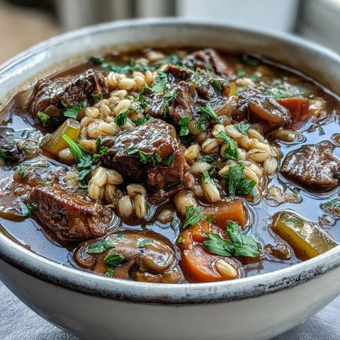A hearty ladle of Vegetable Beef, Barley, and Mushroom Soup with chunky vegetables and tender beef.