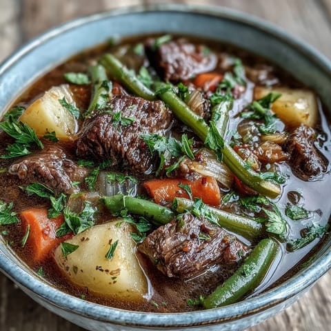 Classic beef and vegetable soup featuring savory herbs, peas, and green beans, perfect for a cozy family dinner.