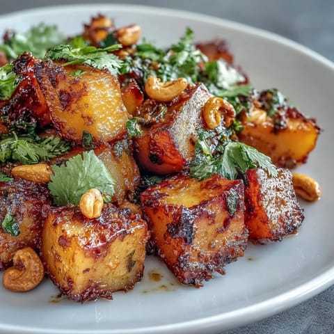 Fresh cilantro and toasted cashews garnish a steaming bowl of Curried Celeriac, perfect for a cozy meal.