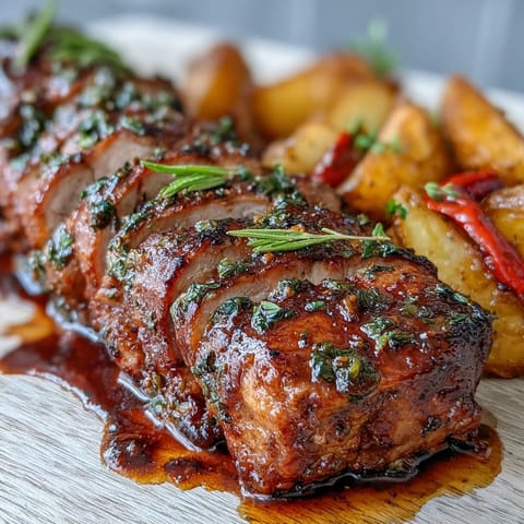 Juicy Marinated Ibérico Pork Fillet plated with roasted potatoes and sweet peppers, perfect for dinner.
