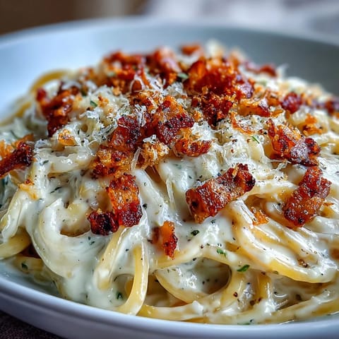 Spiralised celeriac noodles tossed in a rich egg and Parmesan sauce with crunchy pancetta bits.