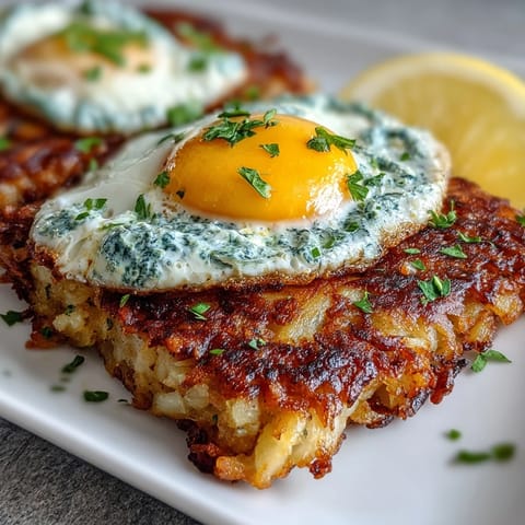 Golden-brown celeriac rösti topped with a dollop of spicy harissa yogurt and a runny fried egg.