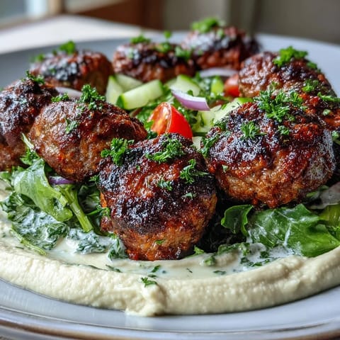 Cumin-seasoned venison meatballs rest beside a crisp salad and creamy hummus drizzle.