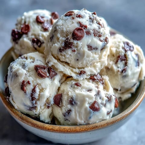 Stirred Greek Yogurt Cookie Dough in a bowl with a spoon, showing buttery sweetness and mini chocolate chips.