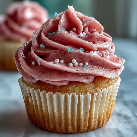 Tender pink cupcakes swirled with fluffy vanilla buttercream and colorful sprinkles. 