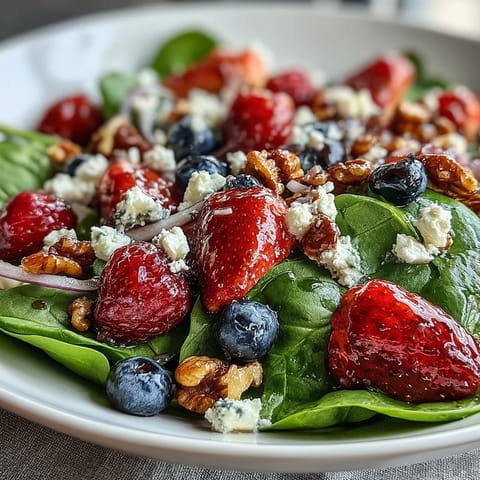 Fresh baby spinach, juicy mixed berries, and creamy goat cheese in a vibrant Spinach and Berry Salad Bowl, tossed with crunchy nuts and balsamic vinaigrette.