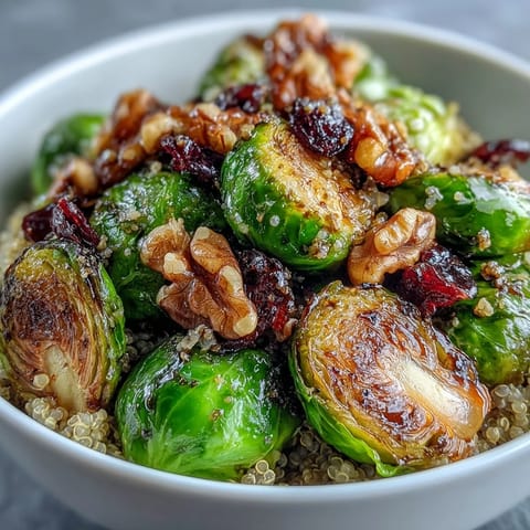 Hearty vegan Brussels sprouts bowl topped with toasted walnuts, dried cranberries, and pumpkin seeds for a nourishing dinner.