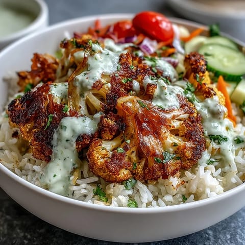 Vibrant Roasted Cauliflower Bowl with fluffy rice, colorful vegetables, and a drizzle of zesty tahini sauce.
