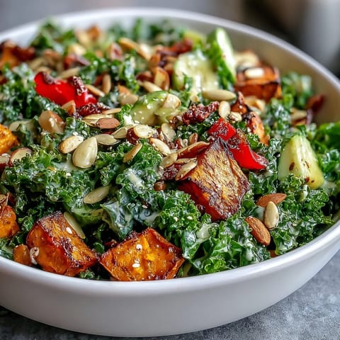 Freshly roasted sweet potatoes, peppers, and zucchini add warmth to this vibrant Kale Salad Bowl, tossed in creamy tahini dressing.