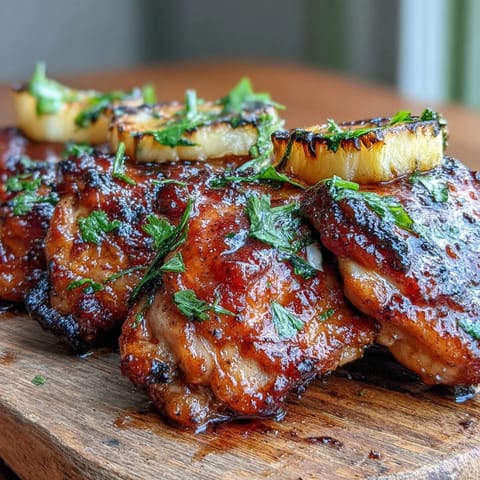Tender bone-in chicken thighs coated in glossy guava BBQ sauce, served over white rice for a family meal.