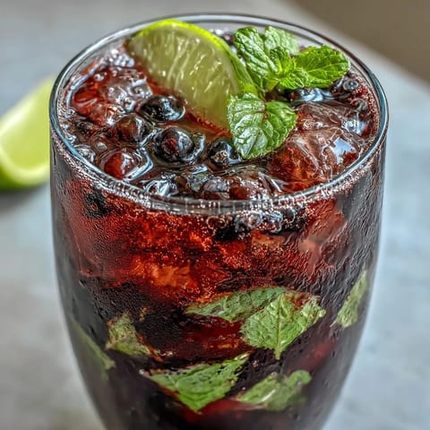 Vibrant Tangy Blackcurrant Mojito with soda water bubbles, mint sprigs, and lime wedges served over ice for a tart, fruity twist.