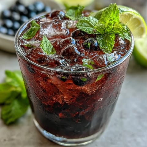 Freshly muddled mint and black currant jam flavor this refreshing summer mojito, perfect for a tropical beverage recipe photo.