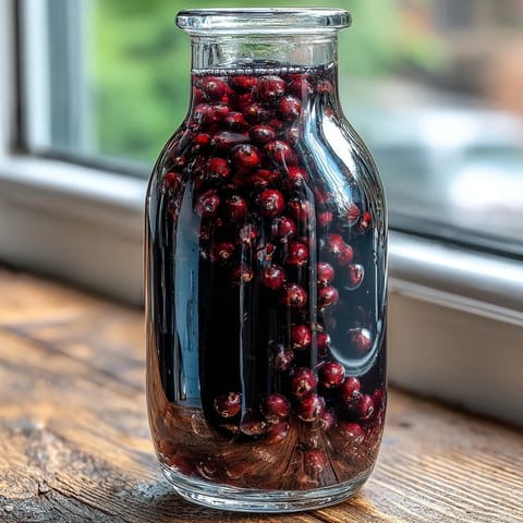 A chilled bottle of homemade Blackcurrant Vodka Liqueur with condensation, ready to be poured into elegant dessert glasses.