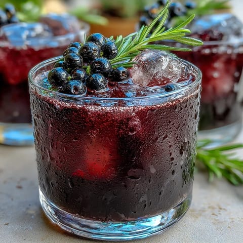 Black Currant Rosemary Cocktail ingredients like bourbon and black currant liqueur ready for mixing on a rustic bar top.