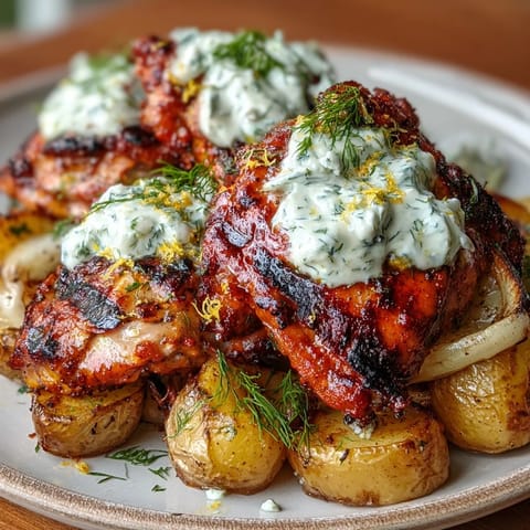 Grilled Spicy Yogurt Marinated Chicken with Dill Feta Cream and Crispy Baby Potatoes plated for a Mediterranean dinner.