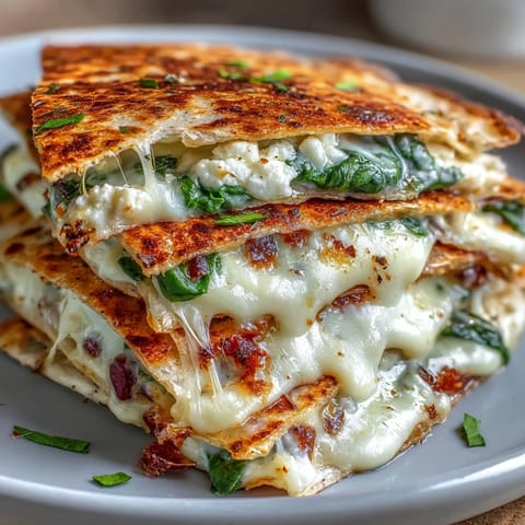 Fresh Mediterranean Quesadillas garnished with red onion, served warm with creamy tzatziki dip.