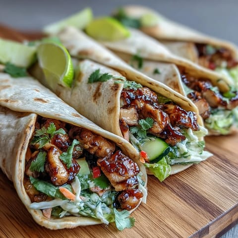 Tender marinated chicken and crunchy vegetables wrapped in a soft tortilla, drizzled with sweet chili sauce and topped with fresh cilantro.
