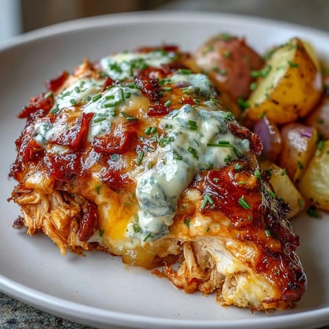 Tender chicken and crispy potatoes drizzled with creamy ranch seasoning, finished with melted cheddar and fresh green onions on a rustic sheet pan.