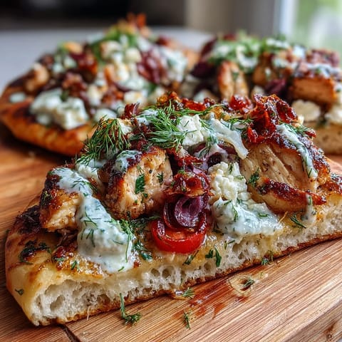 Golden naan crust holding tender lemon chicken, creamy feta, and sliced red onions with a drizzle of tzatziki.