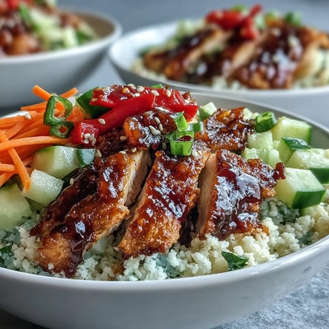 A vibrant sesame ginger chicken couscous bowl topped with cilantro and toasted sesame seeds, drizzled with tangy dressing.