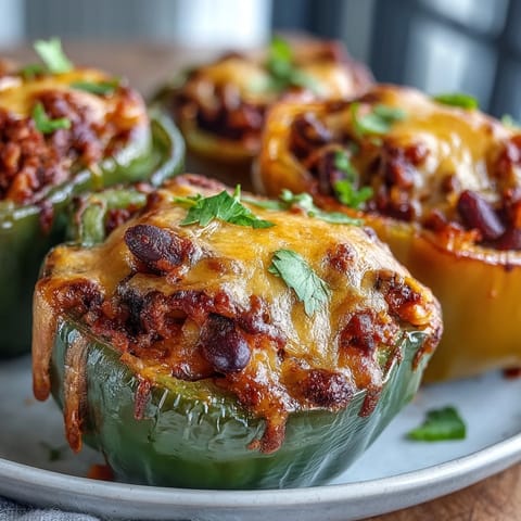 Freshly baked chili mac stuffed peppers topped with bubbling cheddar cheese in a baking dish.
