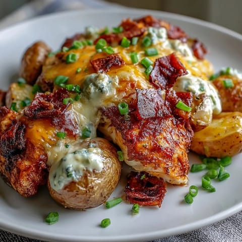 Baked Buffalo Ranch Chicken Potato casserole served hot, paired with crisp celery sticks and ranch.