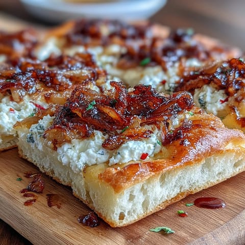 Goat Cheese & Caramelized Onion Flatbread fresh from the oven with golden edges and bubbling cheese.