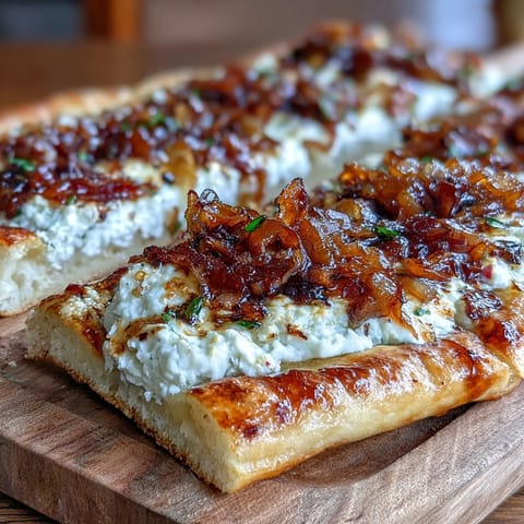 A close-up of Goat Cheese & Caramelized Onion Flatbread topped with arugula and chili flakes.