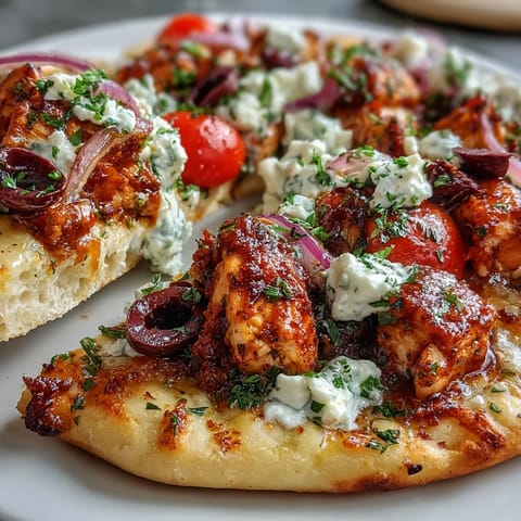 Close-up of a slice of Lemon Feta Chicken Naan Pizza being lifted, revealing melted mozzarella and warm naan.