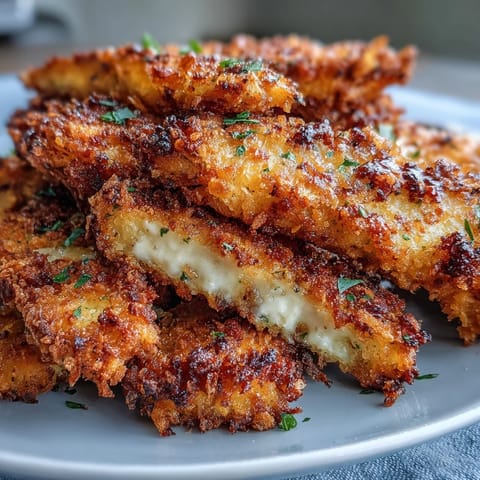 Golden brown Crispy Baked Chicken Parmesan Fries resting on a plate next to a small bowl of warm marinara.
