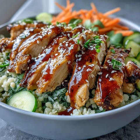 Sesame Ginger Chicken Couscous Bowls are plated with edamame, green onions, and chopped cilantro, garnished with sesame seeds.