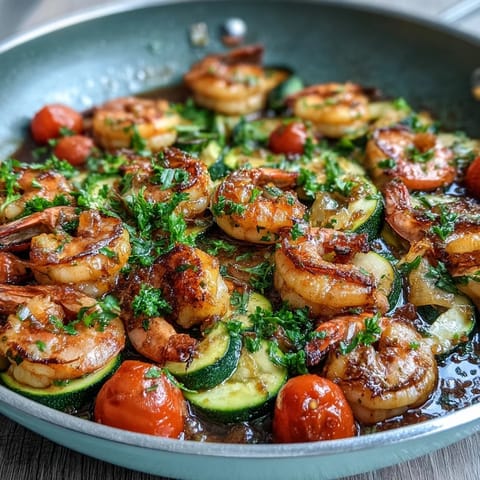 Freshly roasted One-Pan Lemon Butter Shrimp with zucchini and tomatoes in a rustic skillet garnished with parsley.
