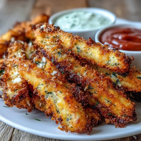 Golden Crispy Baked Chicken Parmesan Fries arranged on a tray with marinara and ranch for dipping