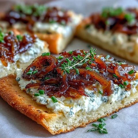 Golden Goat Cheese & Caramelized Onion Flatbread topped with fresh thyme and chili flakes on a wooden board.
