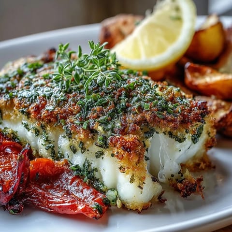 Herb-crusted baked cod with roasted vegetables, golden and fragrant, served on a rustic platter with vibrant carrots, peppers, and zucchini.  