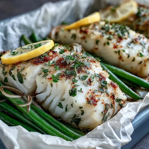 Tender tilapia and crisp green beans baked with lemon slices and garlic in easy foil packets, perfect for quick meals.